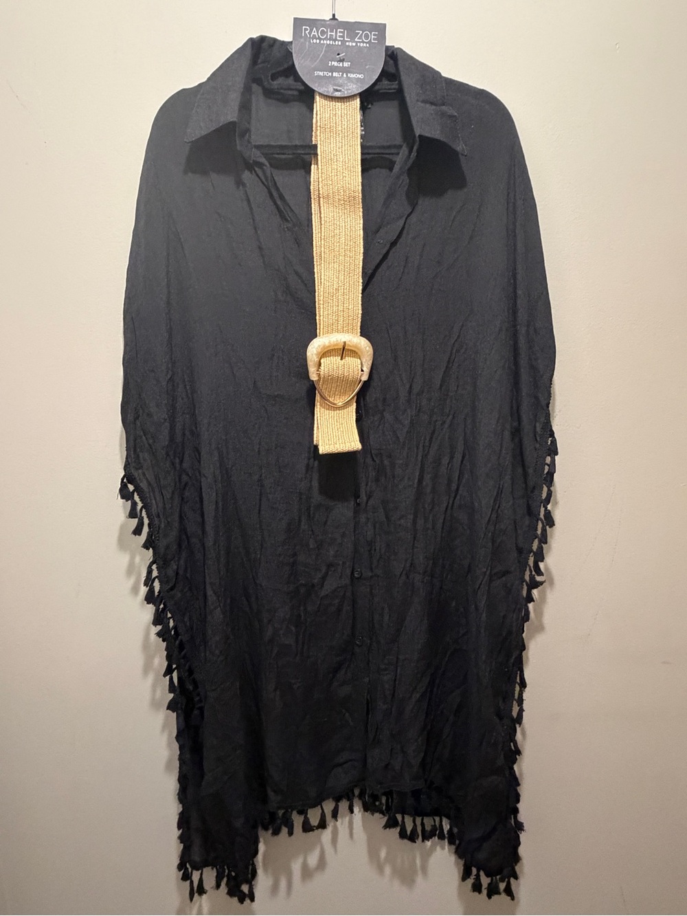 Rachel Zoe Black Fringe Women's Kimono Cover-Up w/ adjustable belt one size OS